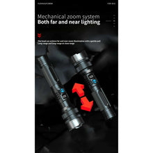 Two black handheld flashlights with mechanical zoom collars and LED display