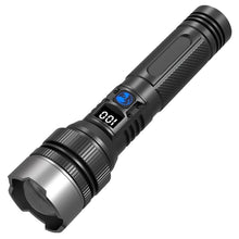 Black and silver handheld zoomable flashlight with blue screen display
