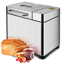 Stainless steel 2 lb bread maker with side handle, showing sliced loaf and ingredients