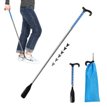 Adjustable shoe horn with long black handle and blue patterned shaft, retractable extender