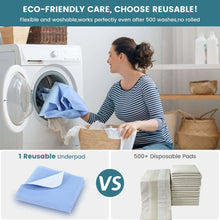 Washable light blue bed pad being placed into a washing machine drum