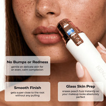 Facial hair shaver gliding on cheek, rose-gold head with blue LED