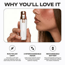 Facial hair shaver with built-in LED held near face, white and rose gold