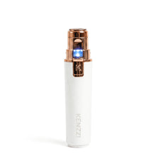 White facial hair shaver with blue LED-lit rose-gold trimming head
