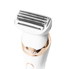 White electric lady shaver with metallic foil head and built-in trimmer