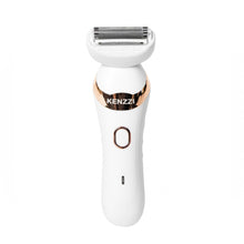 White electric lady shaver with metallic foil head and circular power button