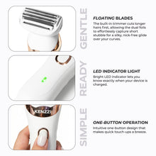 Electric lady shaver features close-up: metallic foil head and control button
