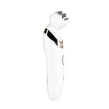 White electric lady shaver with silver shaving head, viewed from side