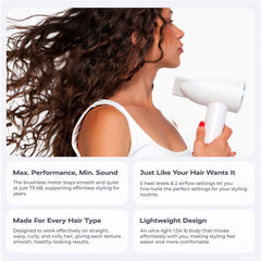 KENZZI Salon Pro+ Ionic Hair Dryer, 1300W High-Speed 110,000 RPM Brushless Motor with LED Display, White