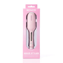 Pink retail box for a hair wave styler with clear window showing tool