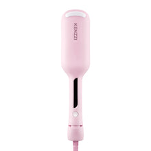 Pink 2-barrel hair waver with smooth body, clamp plates, and visible power cord