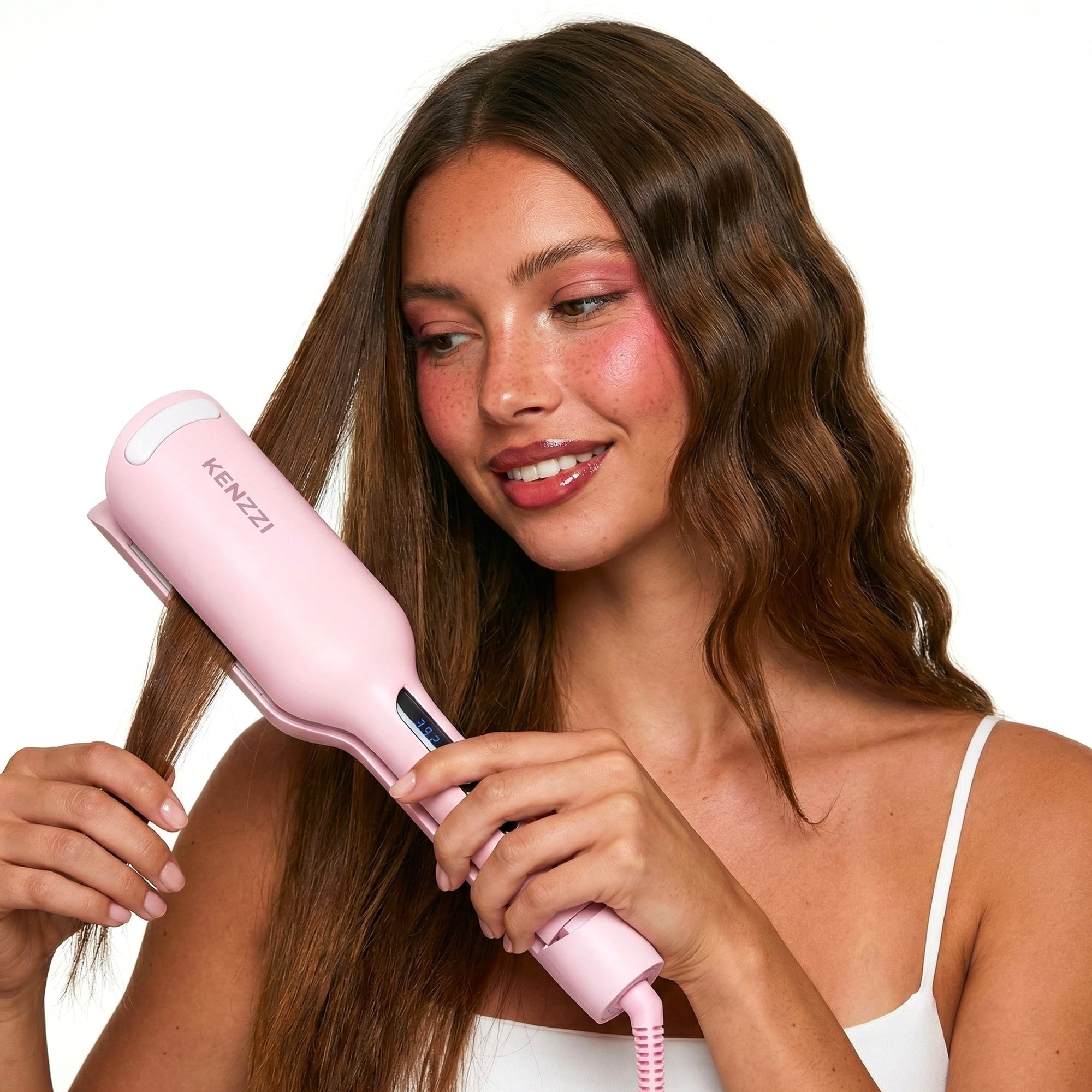 KENZZI Wave Styler 2-Barrel Hair Waver, 1.25 in, 6 Heat Settings, Pink