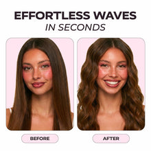 Before-and-after portraits showing styled wavy hair results