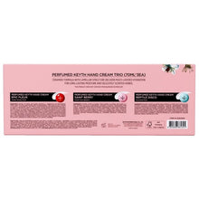 Back of pink KEYTH hand cream trio box with ingredient and scent details