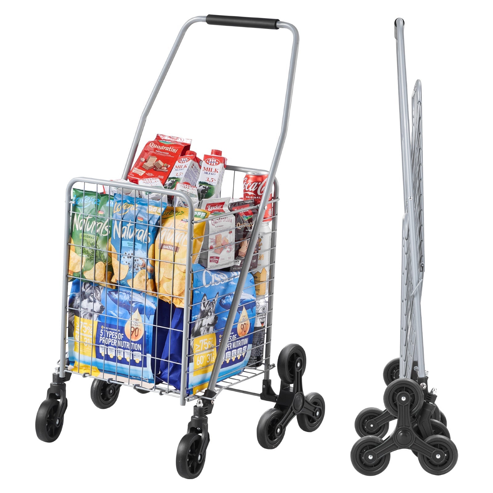 KFFKFF 45L Stair Climbing Grocery Cart with 360° Swivel Wheels, Foldable and Lightweight Utility Cart for Laundry, Travel, and Shopping, Silver
