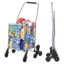 Foldable utility cart with wire basket, blue shelves, and four swivel wheels