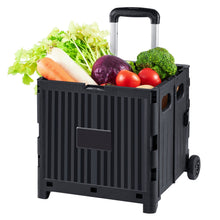 Folding utility cart with black plastic body, telescopic handle, and small wheels