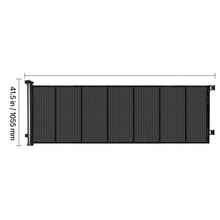 Retractable mesh safety gate with black frame and dark gray mesh panels, full view
