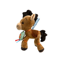 Bullseye plush activity toy holding a leaf-shaped rattle