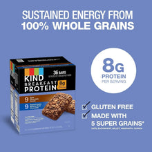 Protein breakfast bar box with 8g protein circle and gluten-free, made with 5 grains icons