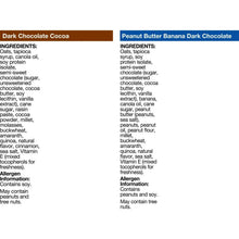 Protein bar ingredient panel, dark cocoa and peanut butter banana dark chocolate sections