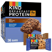 Protein breakfast bar variety pack carton, black/blue front with bar and flavor labels