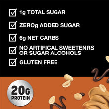 Protein bar feature icons: 1g sugar, zero added sugar, 6g net carbs, gluten free.