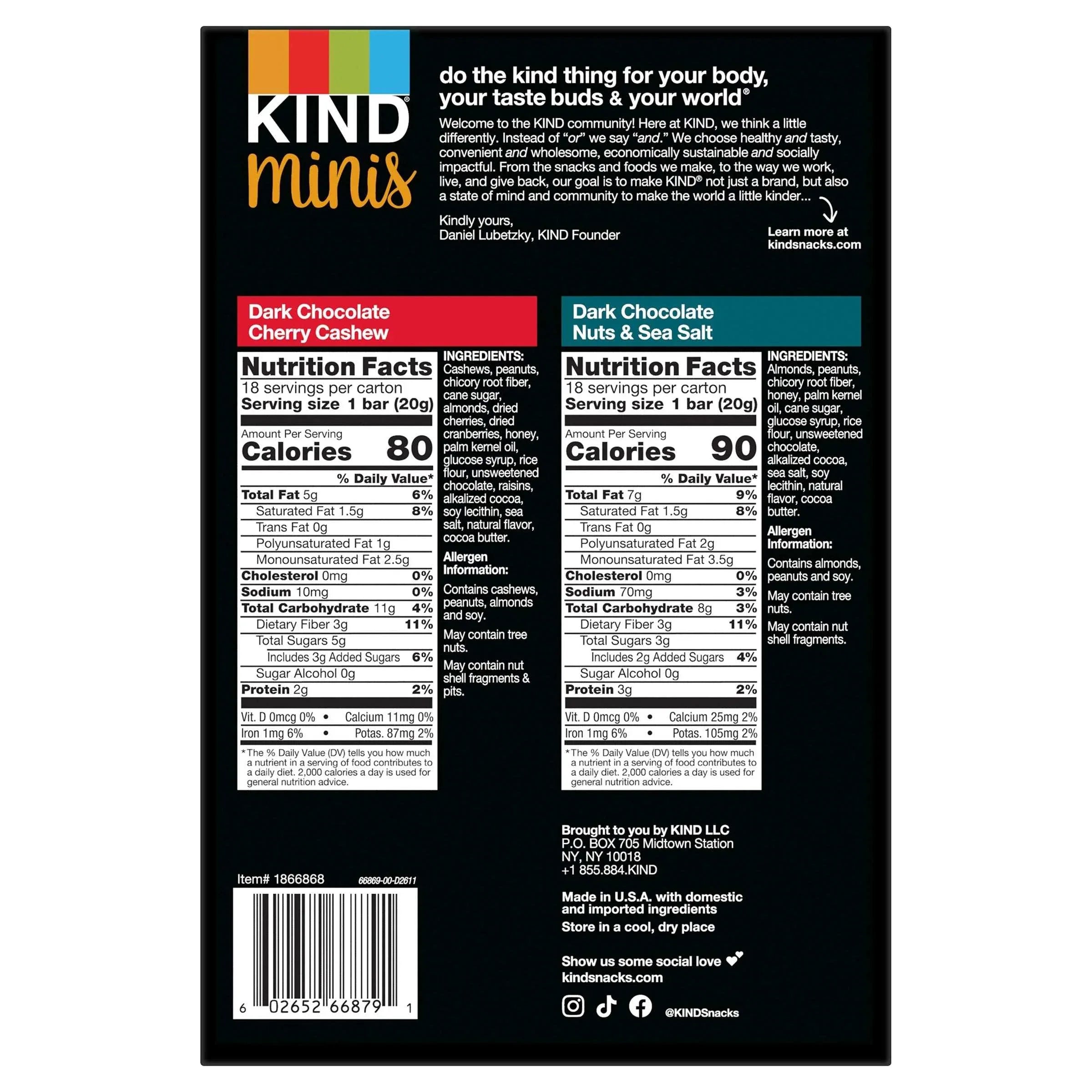 KIND Mini's Dark Chocolate Variety Pack, 0.7 oz, 36-count - USA MEGA SHOP