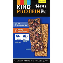 Protein bar variety pack box showing dark chocolate nut and crunchy peanut butter bars