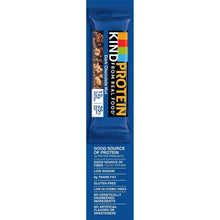 Blue protein bar wrapper with product info and nutrition callouts