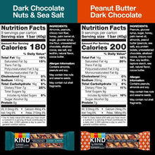 KIND snack bar nutrition facts for dark chocolate nuts & sea salt and peanut butter bars.