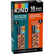 KIND snack bar variety pack box, dark chocolate nuts & sea salt and peanut butter.
