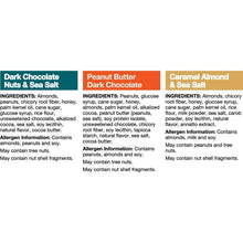 Ingredient list for Dark Chocolate, Peanut Butter, and Caramel Almond mini bars