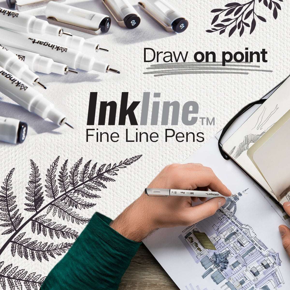 KINGART Inkline/Graphic Fine Line Drawing Pens Set – 10 Assorted Sizes, Archival Black Ink Art Illustration and Sketching
