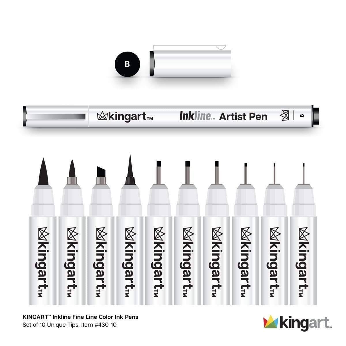 KINGART Inkline/Graphic Fine Line Drawing Pens Set – 10 Assorted Sizes, Archival Black Ink Art Illustration and Sketching