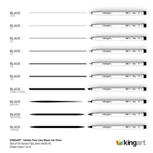 Black fine line ink pens lineup labeled by tip sizes, with white marker bodies