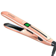 Rose-gold flat iron with green LCD display and two black heating plates