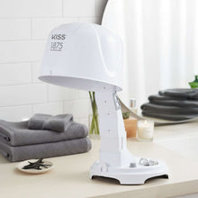 Portable bonnet hair dryer on a base with heat vents and adjustable stand