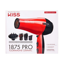 KISS red tourmaline ceramic hair dryer kit on box with 4 black styling attachments