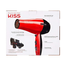 KISS hair dryer retail box with illustration of red dryer and removable filter cap