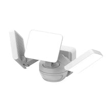 Gray and white LED motion security light with dual light covers and adjustable arm