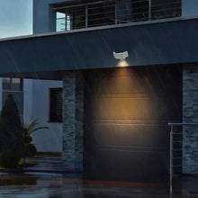 White LED motion security light mounted under eave with wide-angle lamp panels