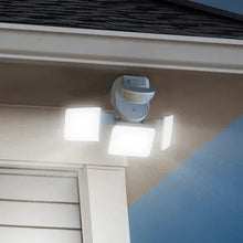 White LED motion security light with dual rectangular lamp heads and pivoting sensor