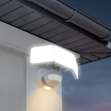 White LED motion security light with illuminated rectangular panels and swivel sensor head