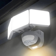 White LED motion security light with two bright panels and downward motion sensor