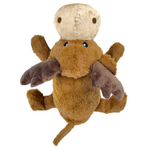 Plush moose dog toy with tan head and brown body, floppy arms and legs