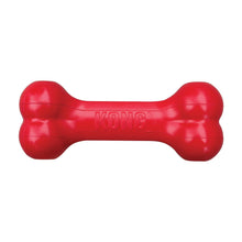 Red rubber bone dog chew toy with embossed KONG logo