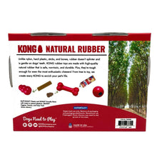 KONG Natural rubber dog toy pack with three red rubber toys on box