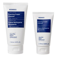 Foaming cream cleanser set in white tubes with blue label, two sizes shown