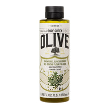 KORRES Pure Greek Olive shower gel bottle with olive leaves graphic and black cap